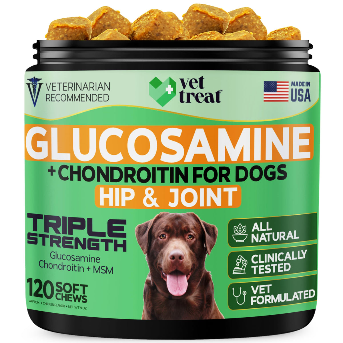 Vet Treat glucosamine chews bottle for daily joint support and mobility in dogs.
