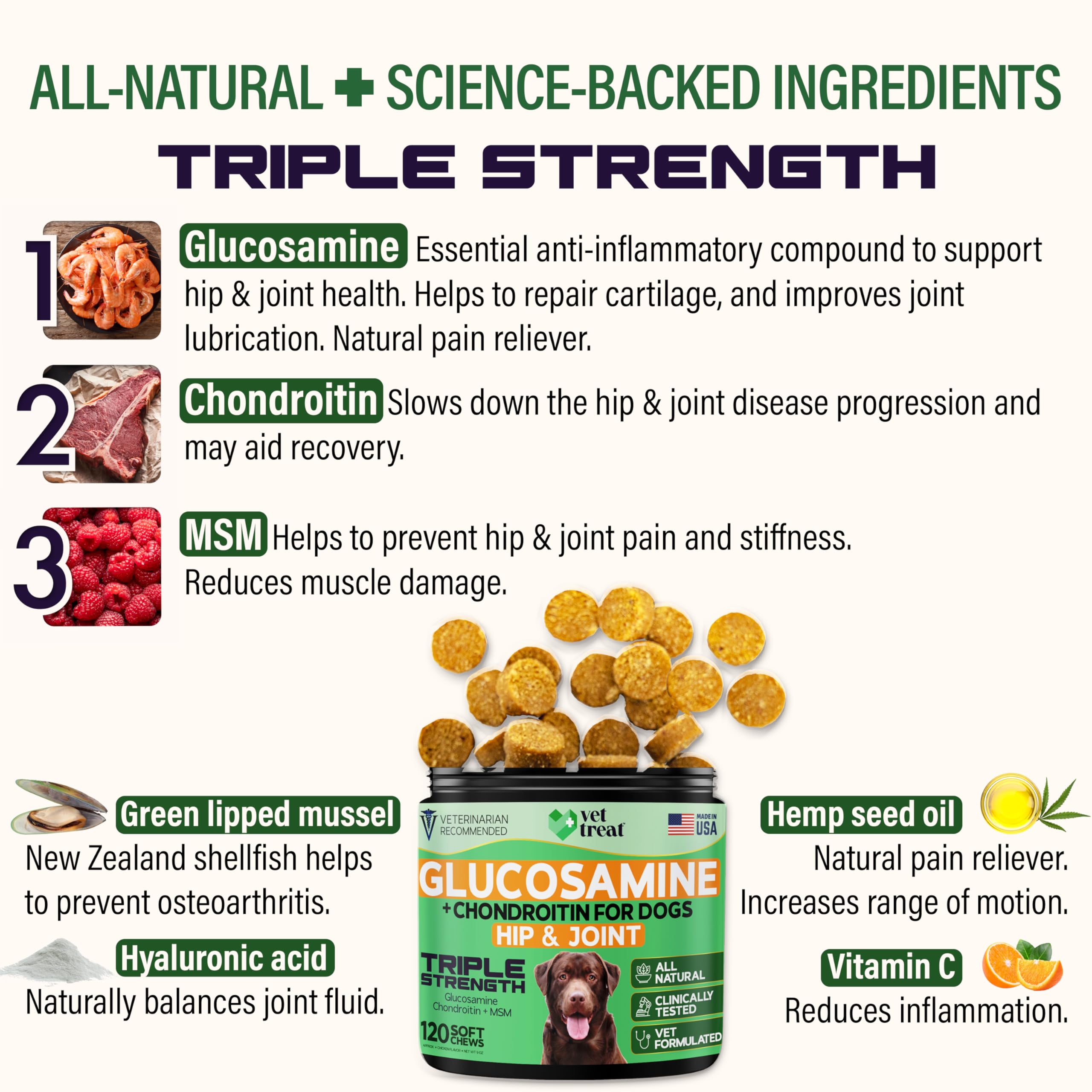 Vet Treat glucosamine with turmeric and ingredients highlights natural joint wellness.