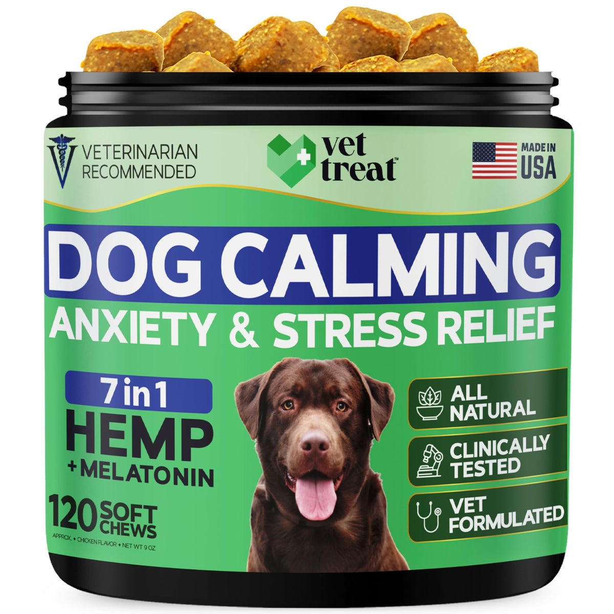 Vet Treat hemp calming chews bottle promotes calmer storms.