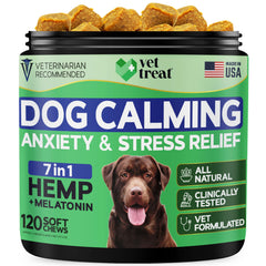 Vet Treat hemp calming chews bottle promotes calmer storms.