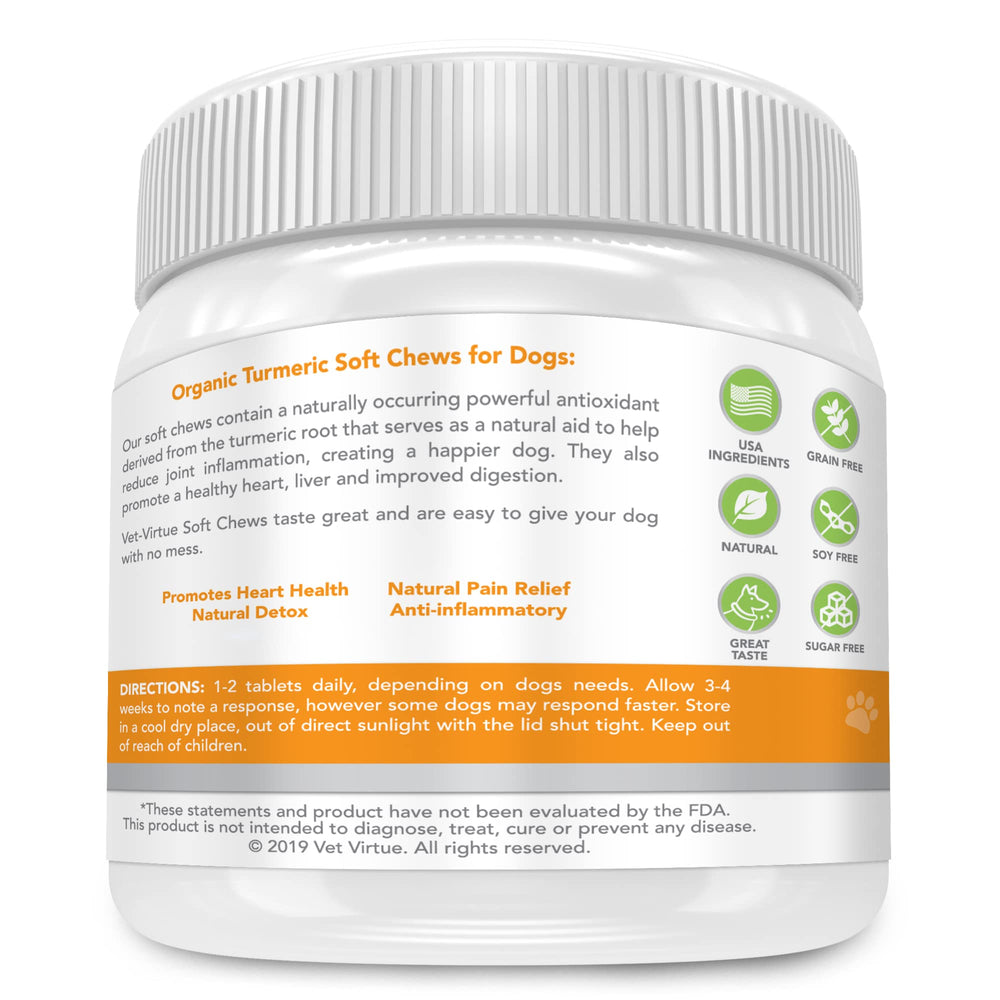 VET-VIRTUE Turmeric bottle label highlights organic curcumin and safety standards.