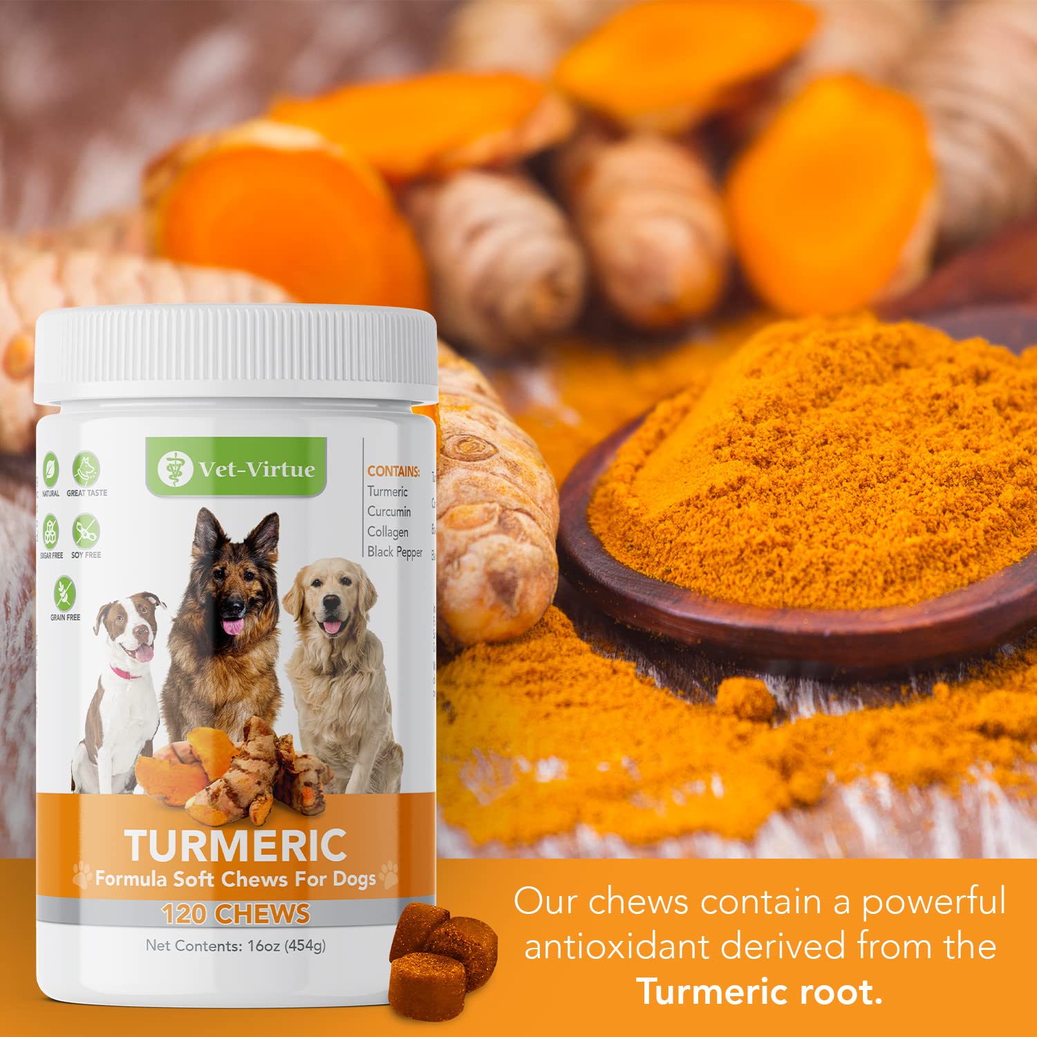 VET-VIRTUE Turmeric dog chews close-up emphasizes soft texture and tasty appeal.