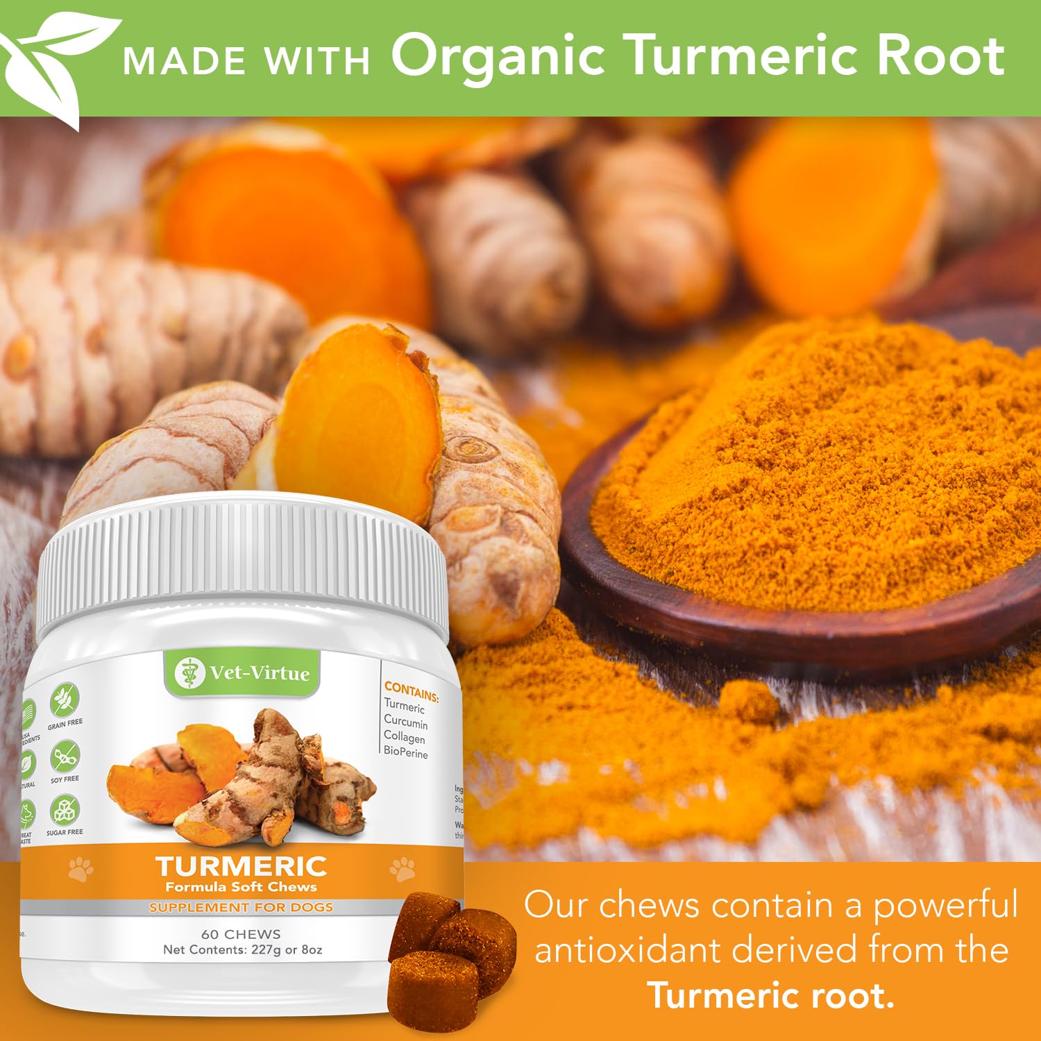 VET-VIRTUE turmeric for dogs chews close-up; tasty treat that aids anti-inflammatory comfort.