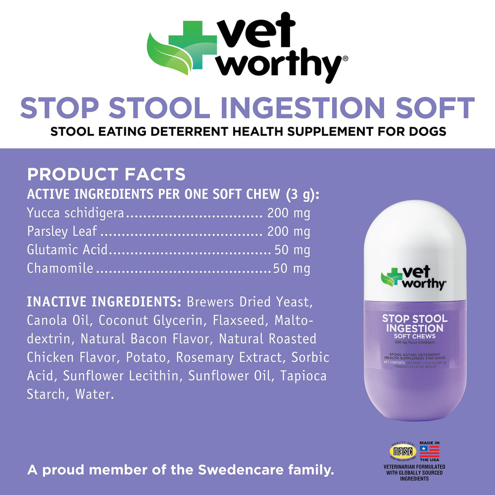 Bottle of Vet Worthy Coprophagia Deterrent for dogs supporting daily digestive care.