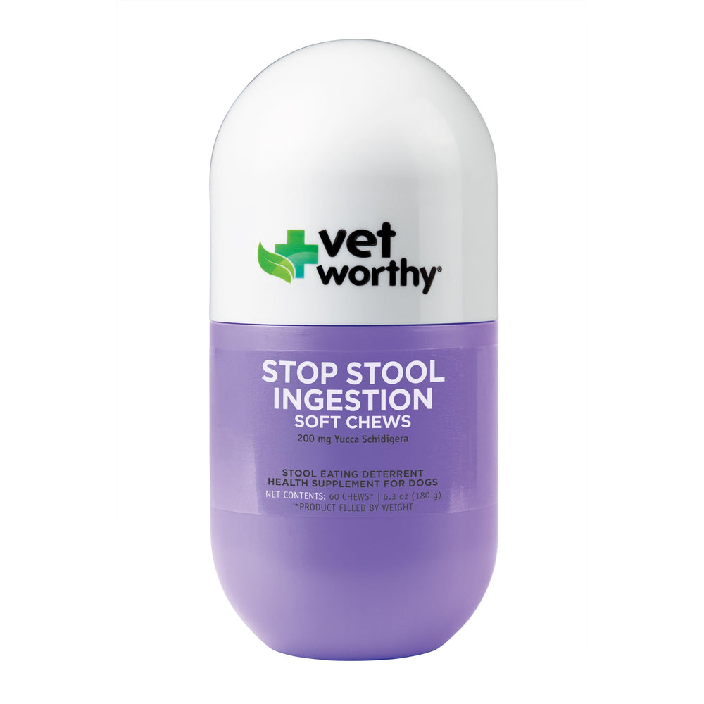 Vet Worthy Coprophagia Deterrent soft chews in packaging, supports odor control.