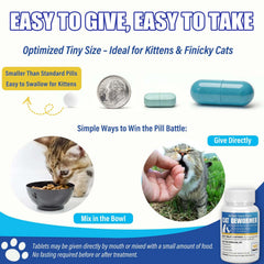 VetaCare dewormer for kittens dosing scene with small tablets.