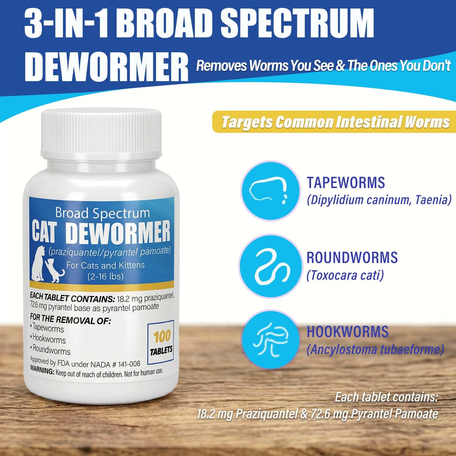 VetaCare dewormer tablets close-up showing tiny flavorless pills for cats.