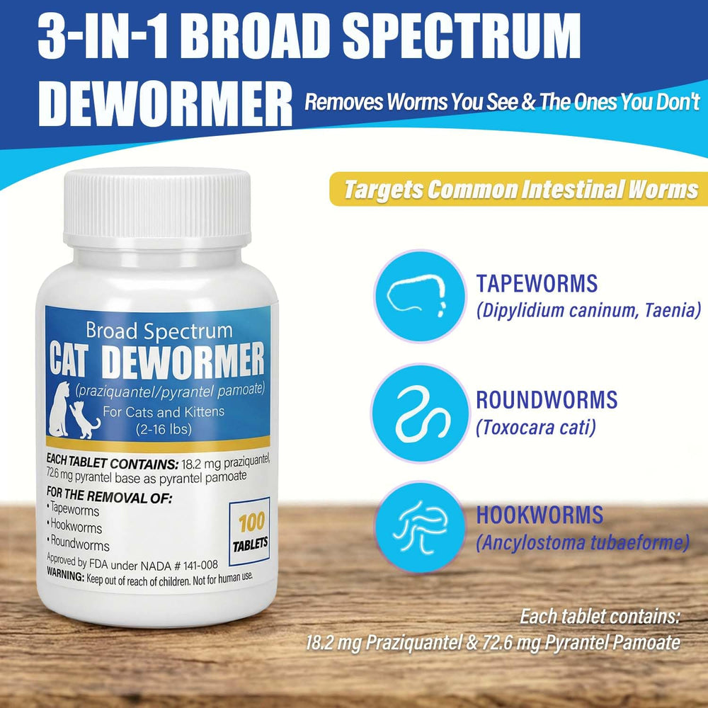 VetaCare dewormer tablets close-up showing tiny flavorless pills for cats.