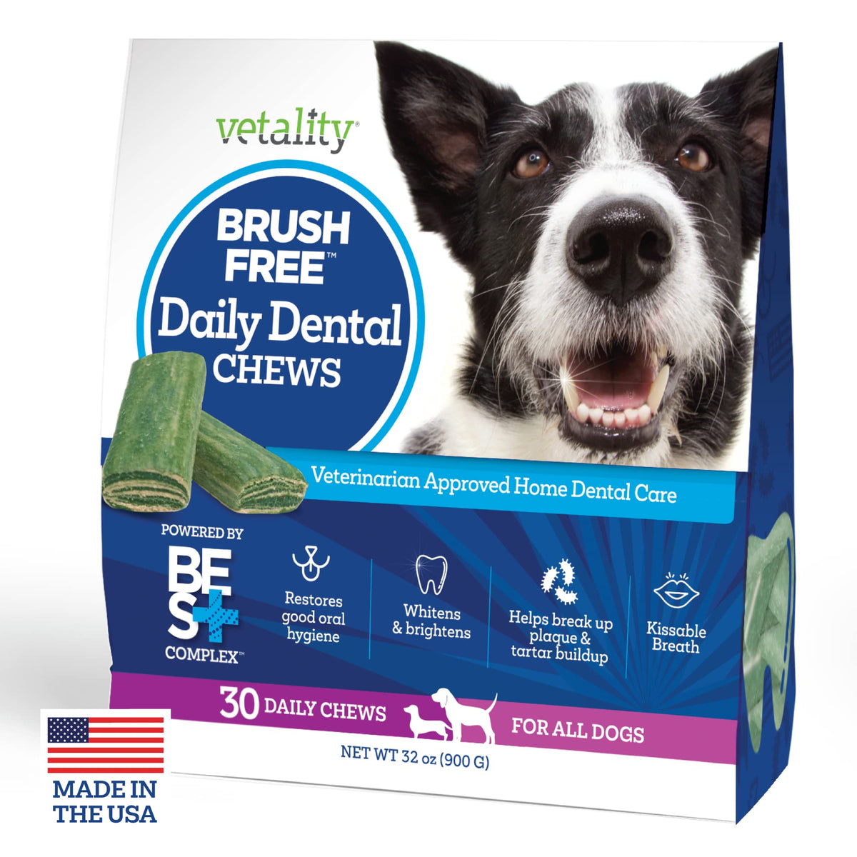 Vetality packaging shows trusted US-made quality for daily dog dental care.