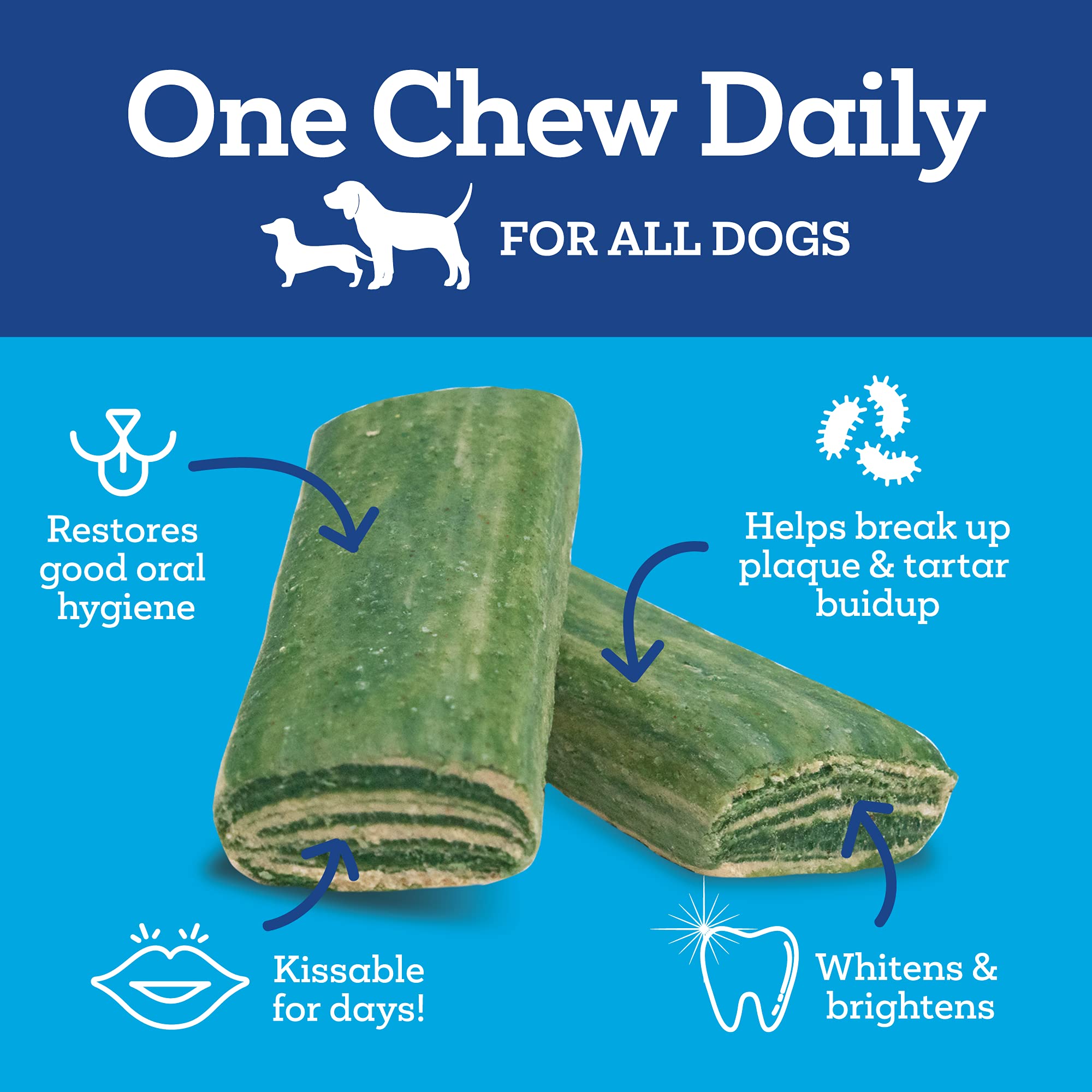 Vetality daily dental chews texture closeup highlights easy chew for dogs.