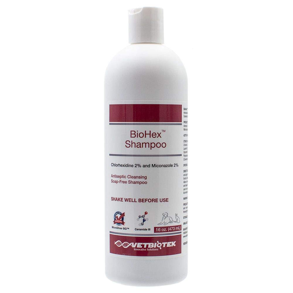 VetBioTek BioHex shampoo label close-up highlighting ceramide for skin barrier support.