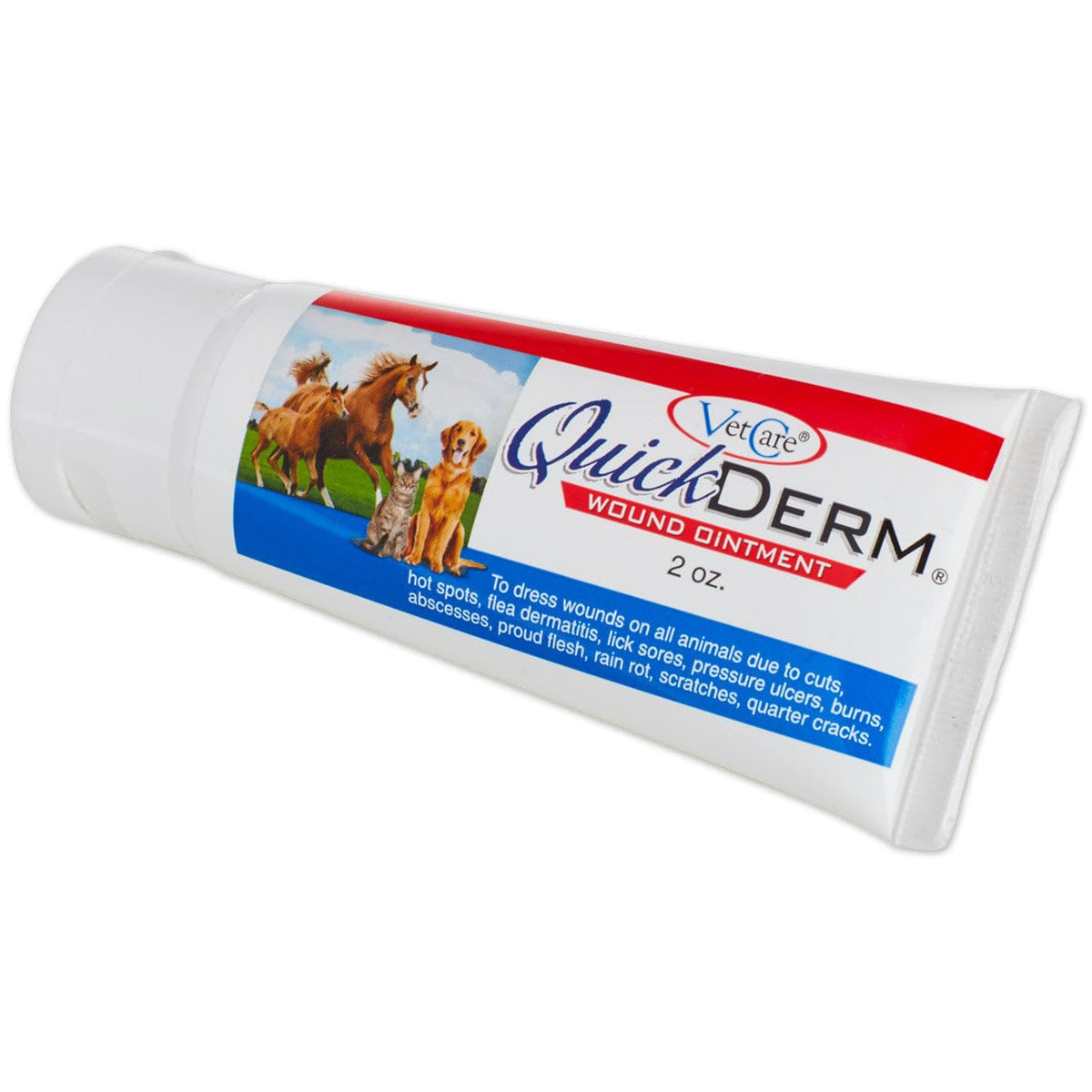 Vetcare Quickderm Ointment 2 oz tube for wounds; supports moist wound bed and protection.