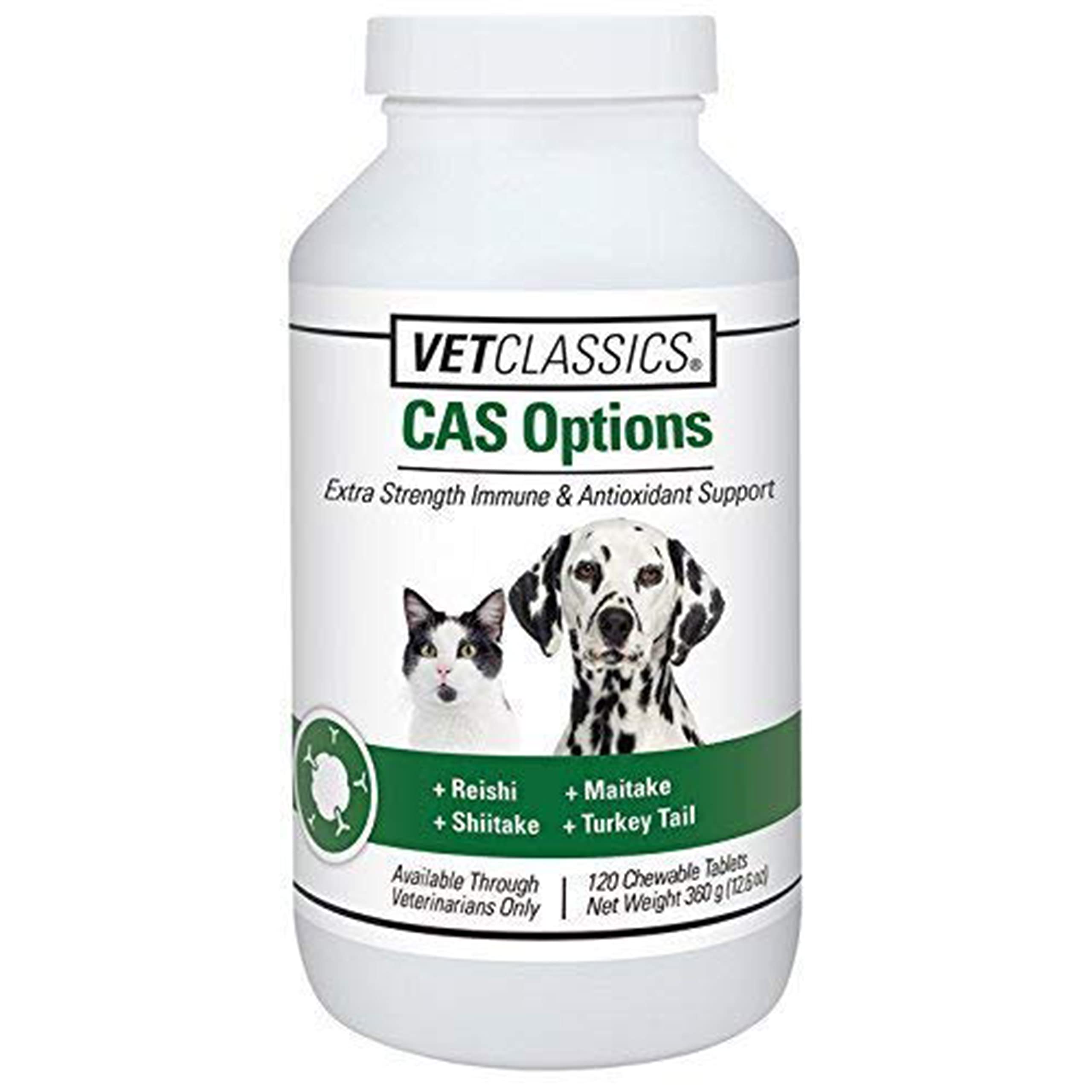 Vet Classics CAS Options Extra Strength Immune Support bottle with chewable tablets for pets' daily immune care.