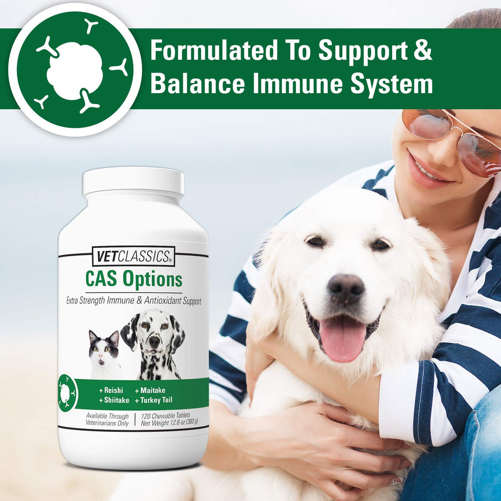 Vet Classics CAS Options Extra Strength Immune Support maitake ingredients on label indicate natural antioxidants.