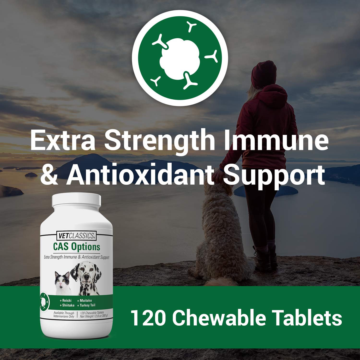 Vet Classics CAS Options Extra Strength Immune Support tablets designed for dogs and cats' wellness.