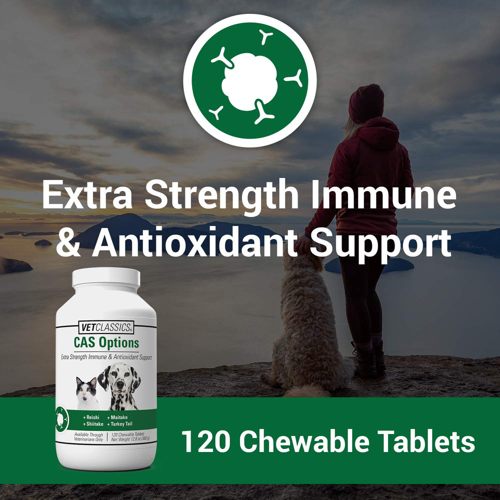 Vet Classics CAS Options Extra Strength Immune Support tablets designed for dogs and cats' wellness.