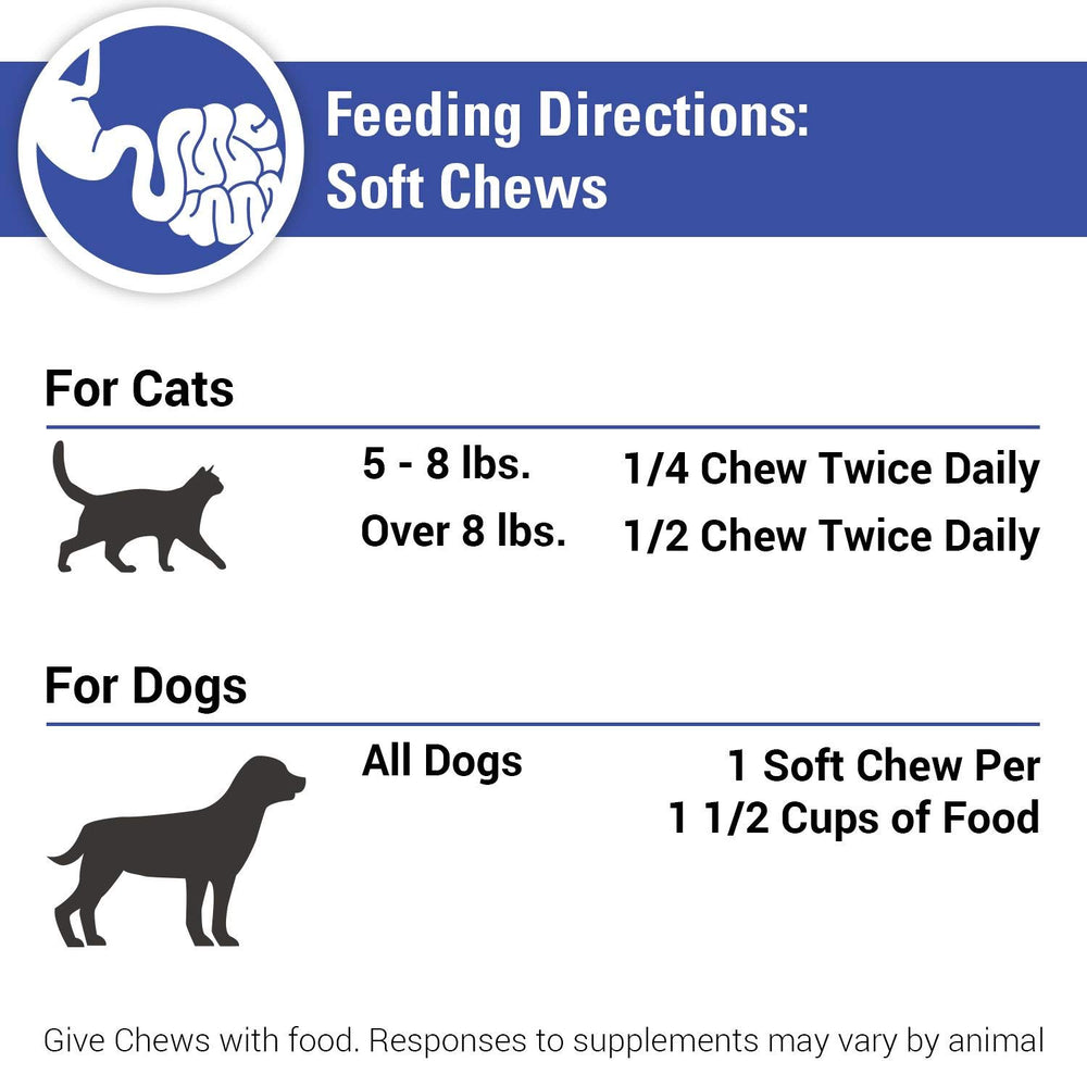 Vet Classics pet health supplement bottle with chews suggests easy daily GI care