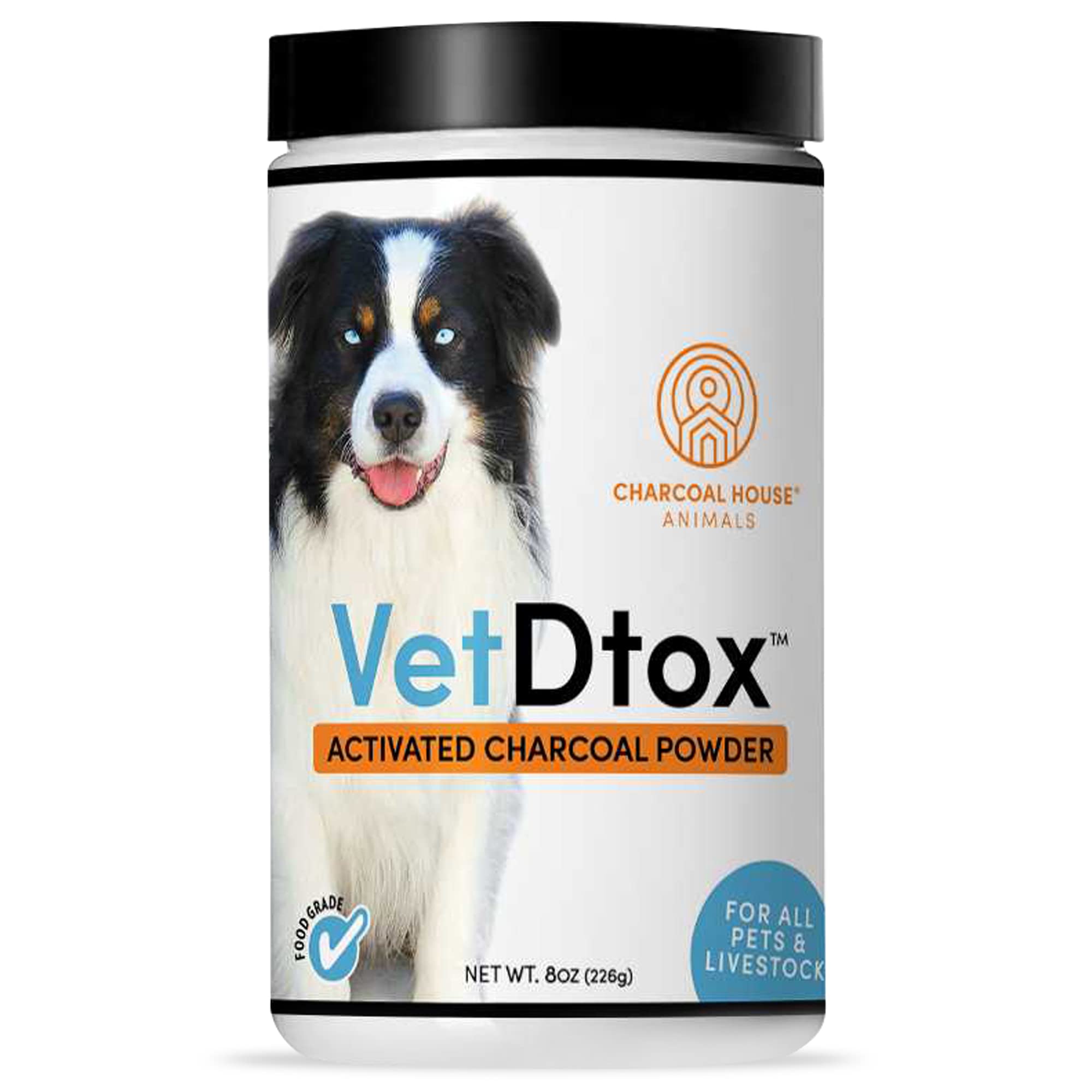 VetDtox Activated Charcoal Powder bottle, a versatile digestive aid for many species.