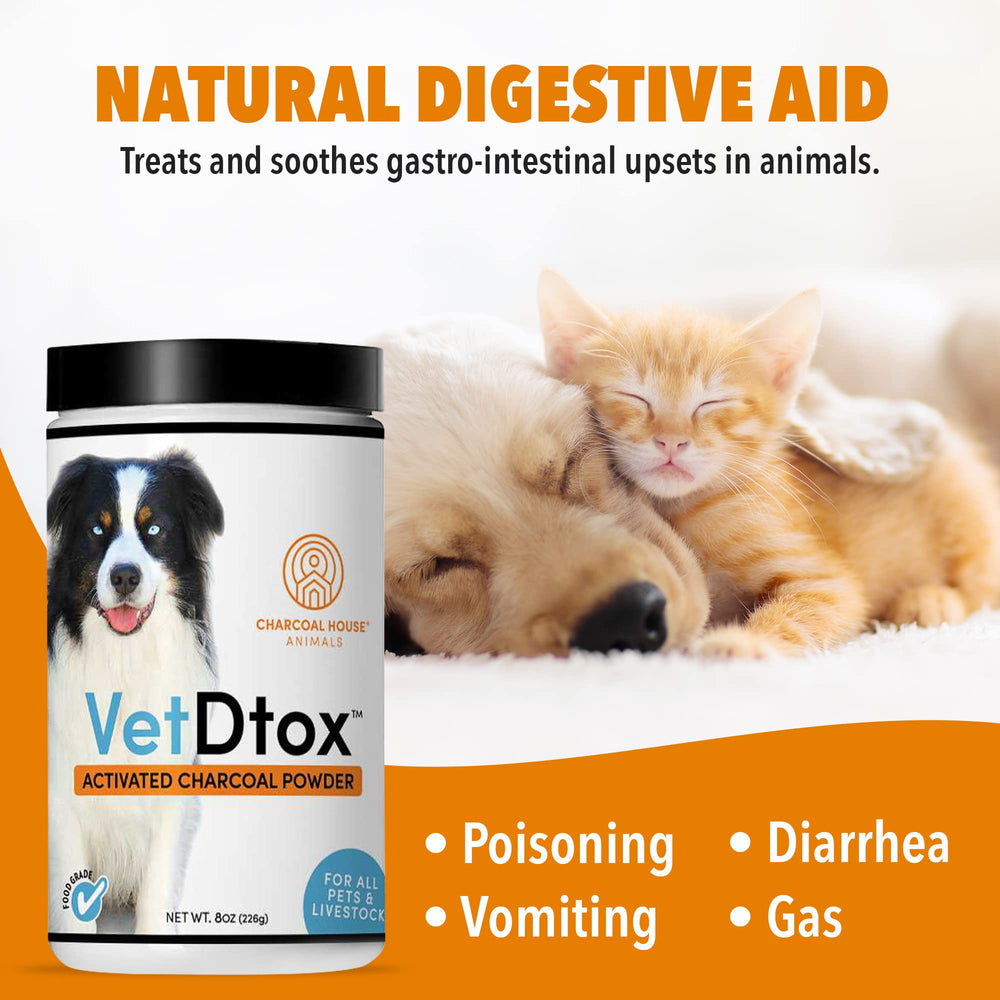 VetDtox Activated Charcoal Powder packaging, highlighting natural, safe digestion support.