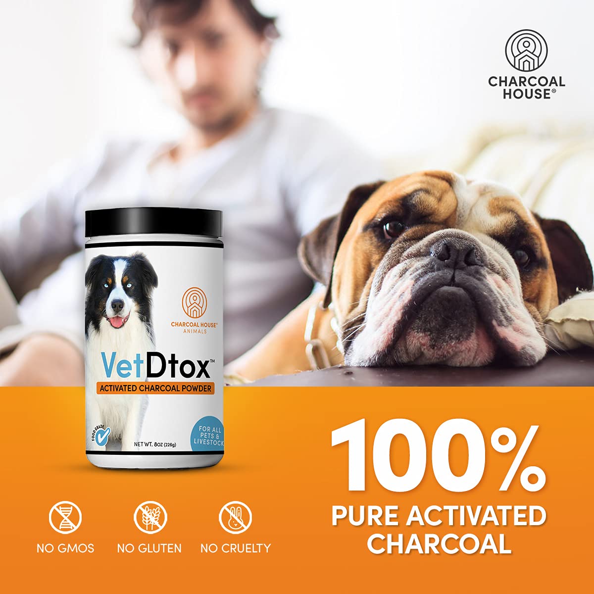 VetDtox Activated Charcoal Powder, pure vegetable-based formula for safe digestion.
