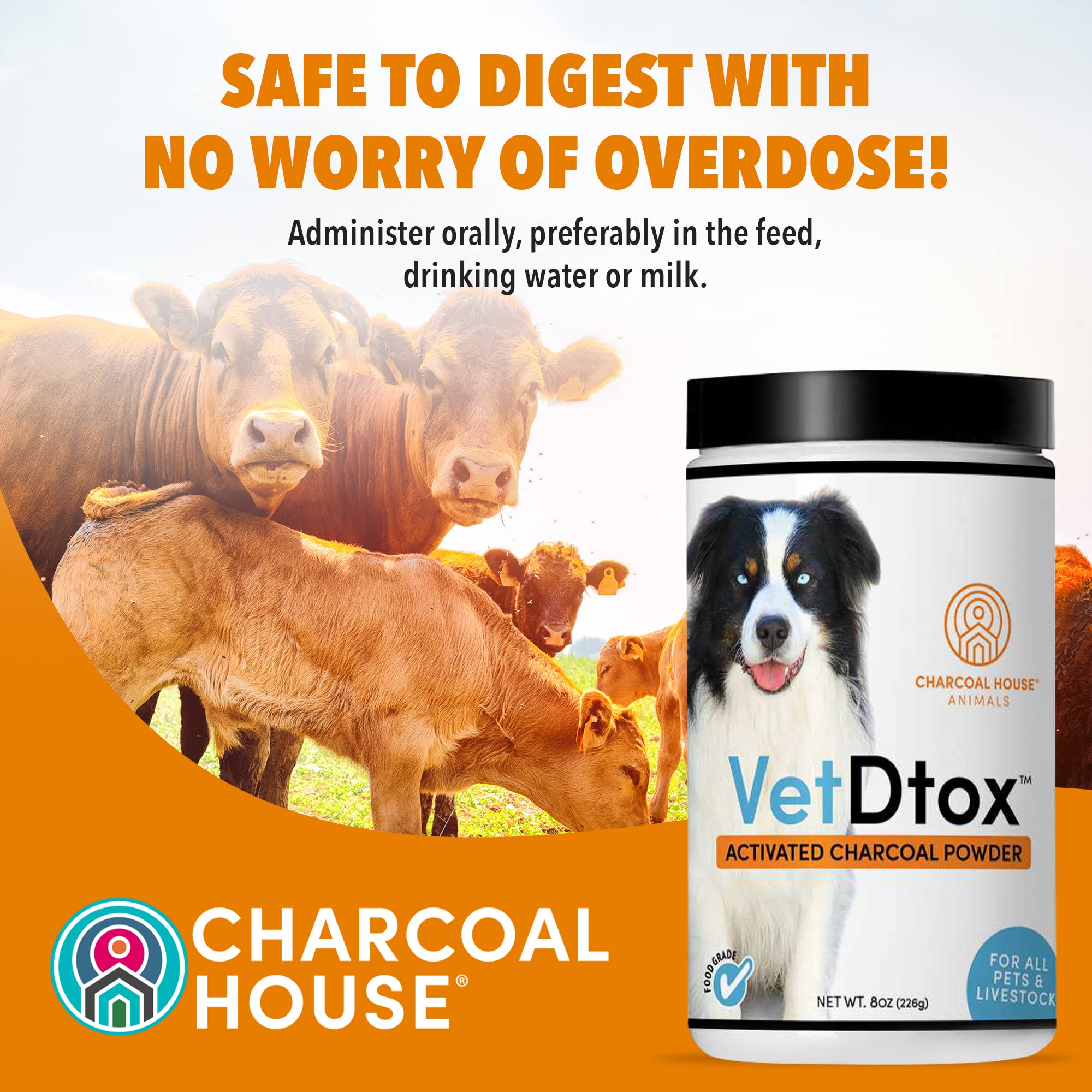 VetDtox Activated Charcoal Powder in vet setting, natural odor control potential.