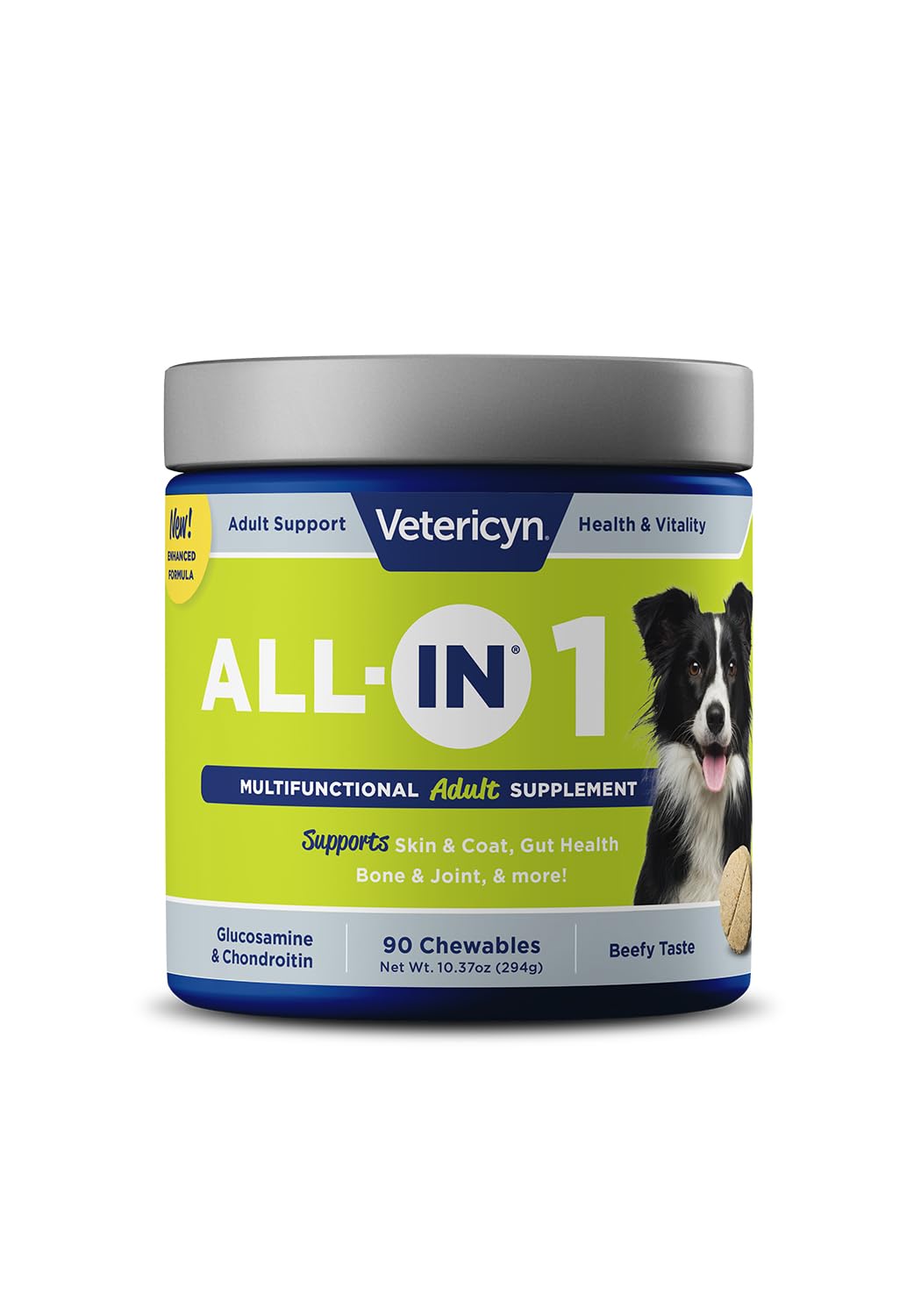 Vetericyn All-in-1 dog supplement bottle showing joint-support formula