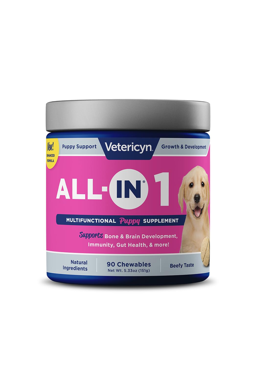 Vetericyn All-in-1 Puppy Supplement package front highlighting key benefits for growth