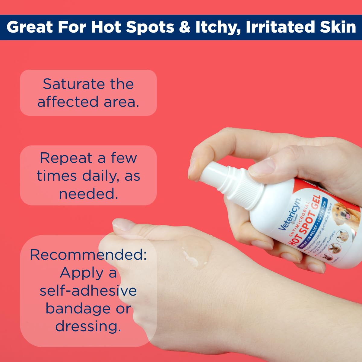 Vetericyn Plus Dog Hot Spot Gel application shows easy spray-on use for irritated skin.