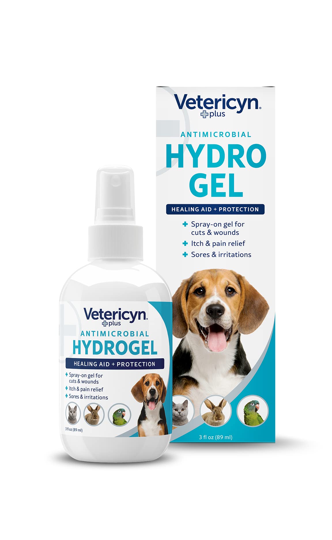Vetericyn Plus dog wound care hydrogel spray bottle for gentle wound relief and protection.