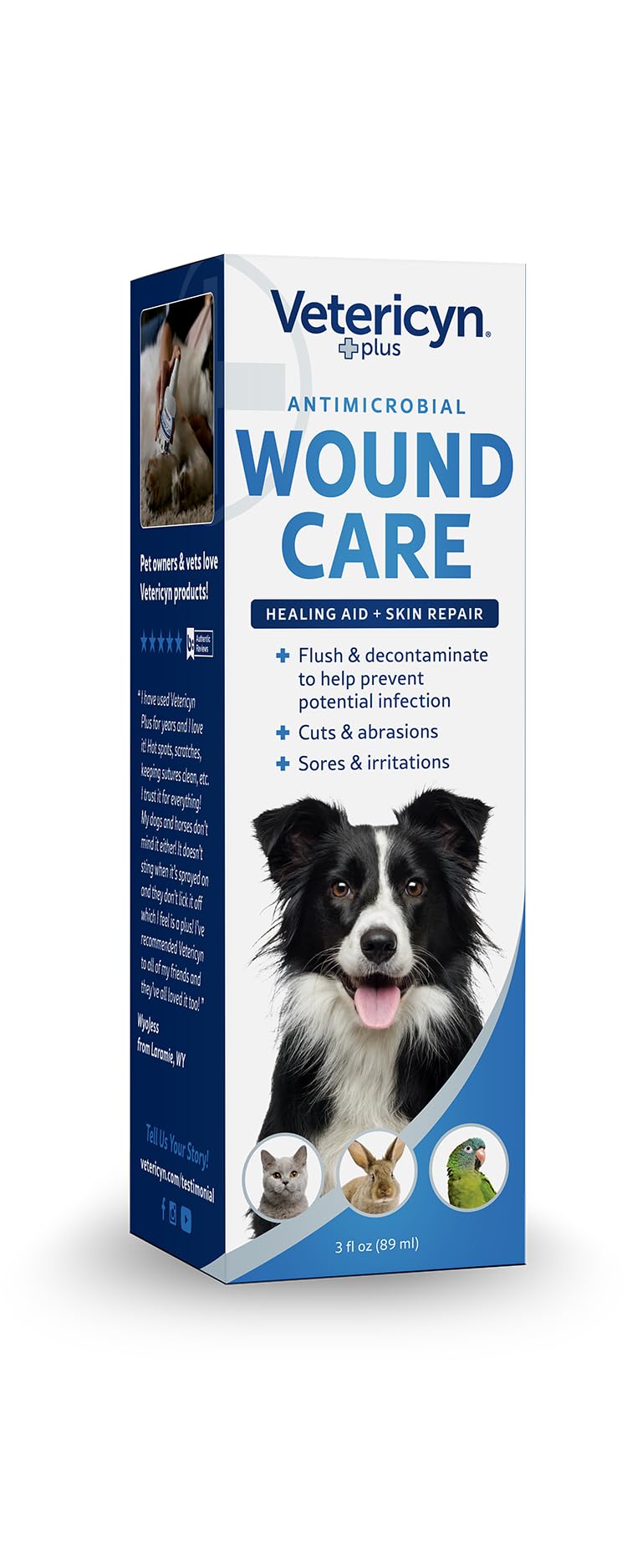 Vetericyn Plus Dog Wound Care Spray application image shows quick soothing use on scratches.