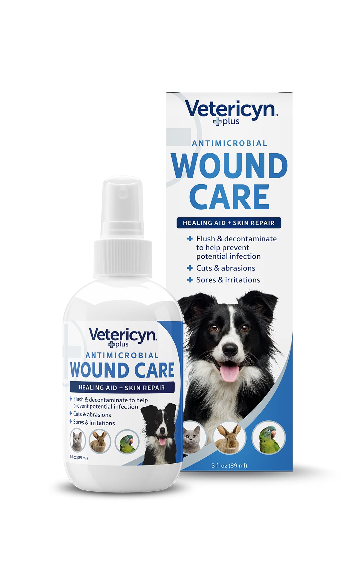 Vetericyn Plus Dog Wound Care Spray bottle delivers safe wound cleaning with a pH-balanced formula.