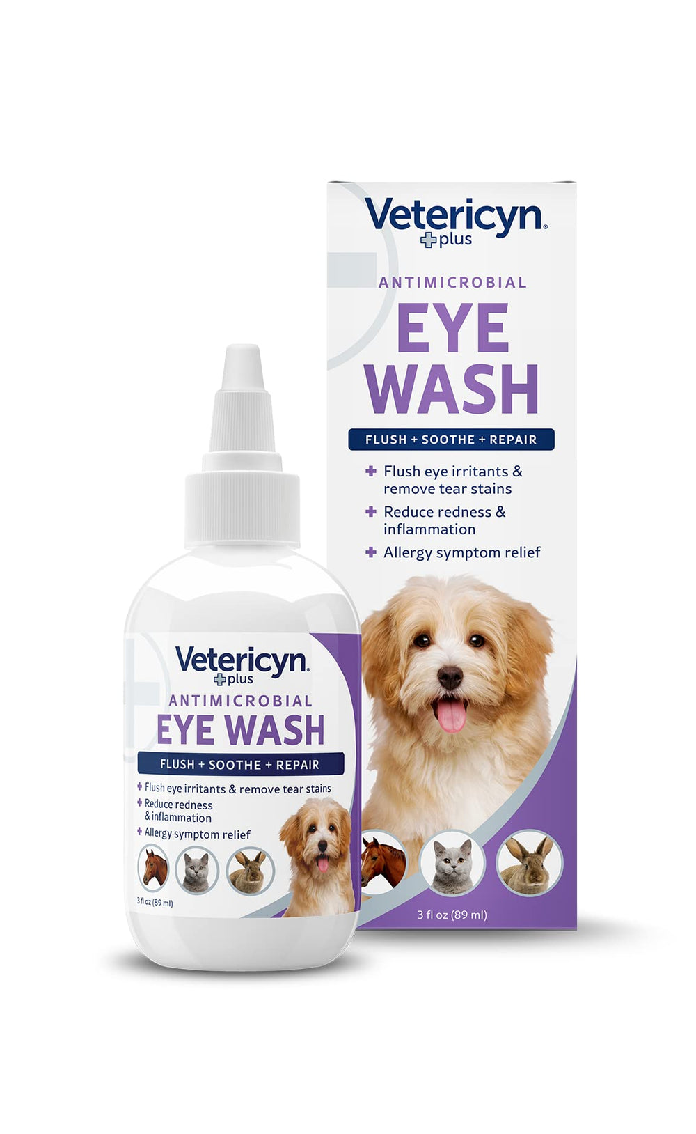 Vetericyn Plus Eye Wash bottle pour for gentle eye flushing and irritation relief