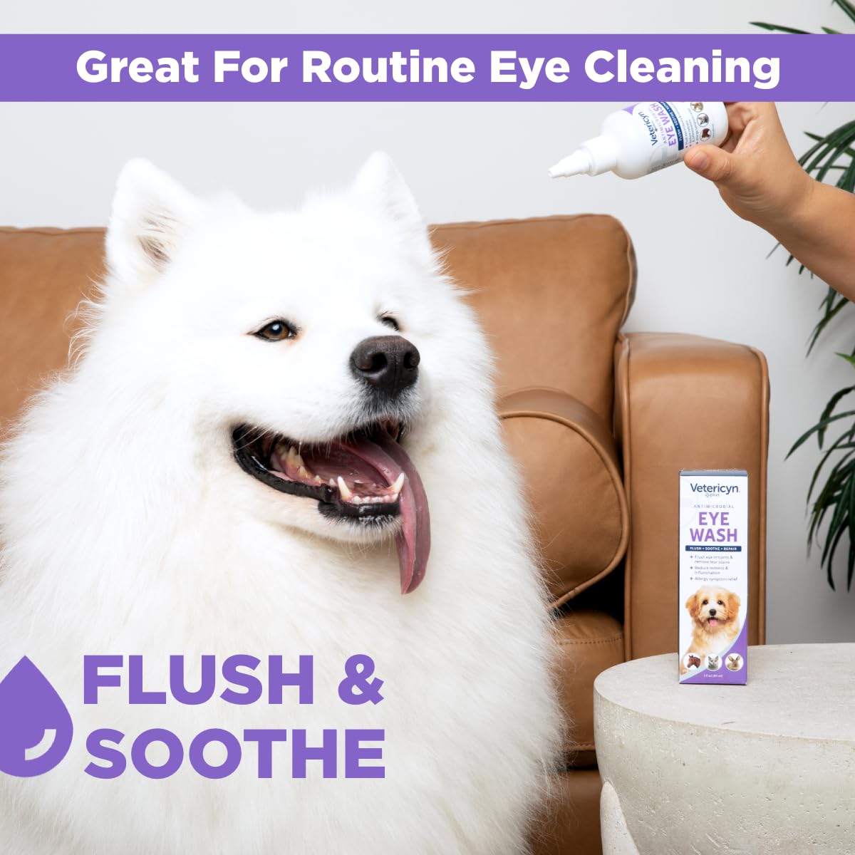 Vetericyn Plus Eye Wash gently flushes pet eyes during routine care