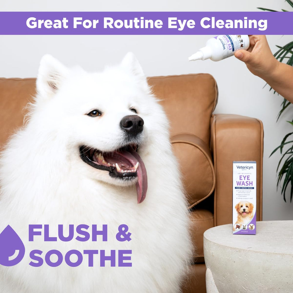 Vetericyn Plus Eye Wash gently flushes pet eyes during routine care