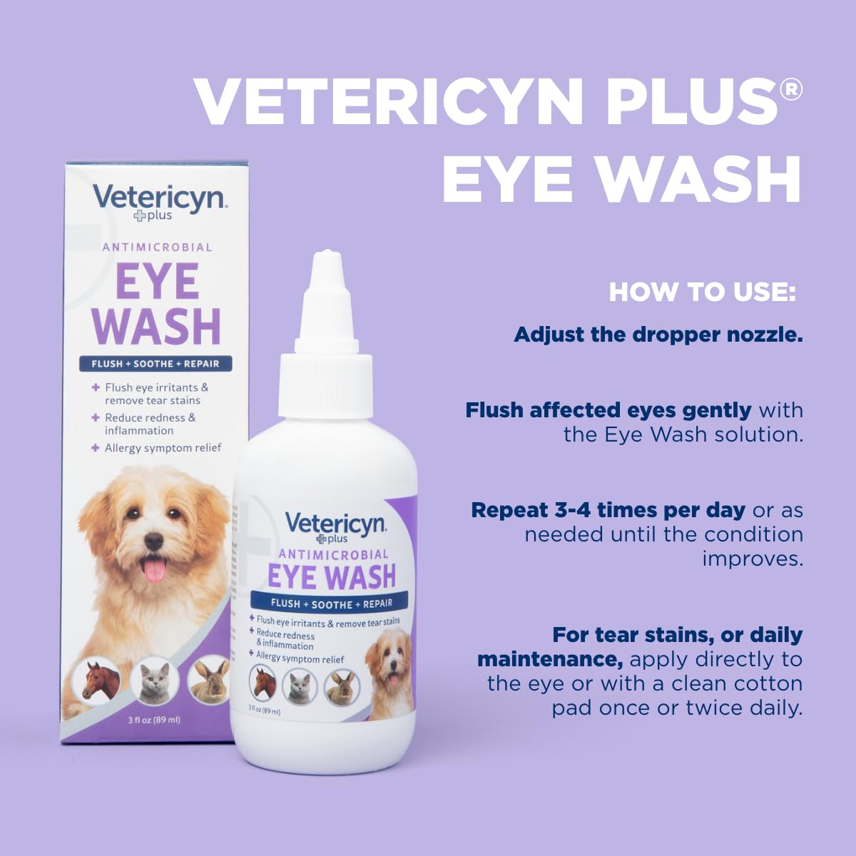 Vetericyn Plus Eye Wash aids tear-stain cleaning and eye hygiene