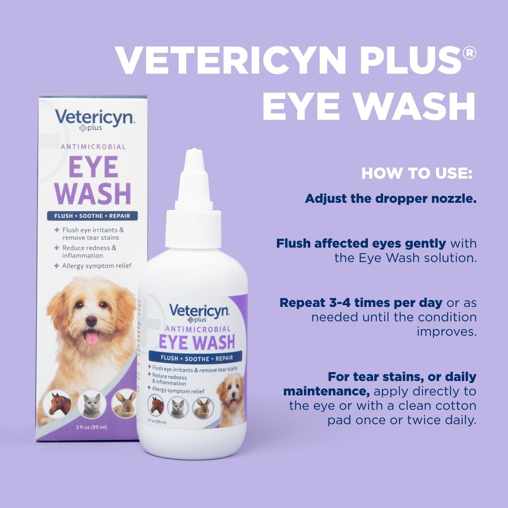 Vetericyn Plus Eye Wash aids tear-stain cleaning and eye hygiene