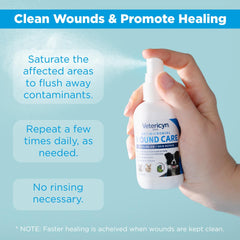 Vetericyn Plus hypochlorous technology closeup highlights safe, non-toxic cleaning for wounds.