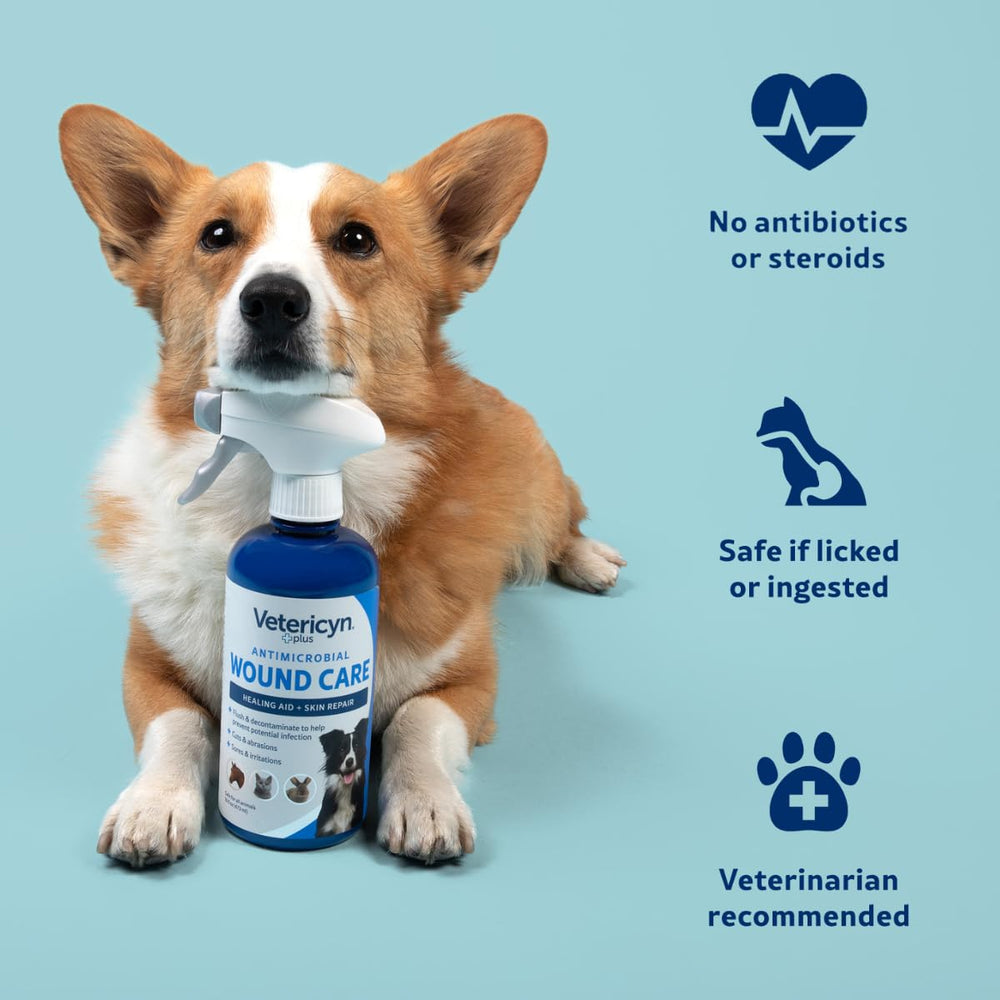 Vetericyn Plus pet first aid spray packaging for quick cleaning and skin relief.