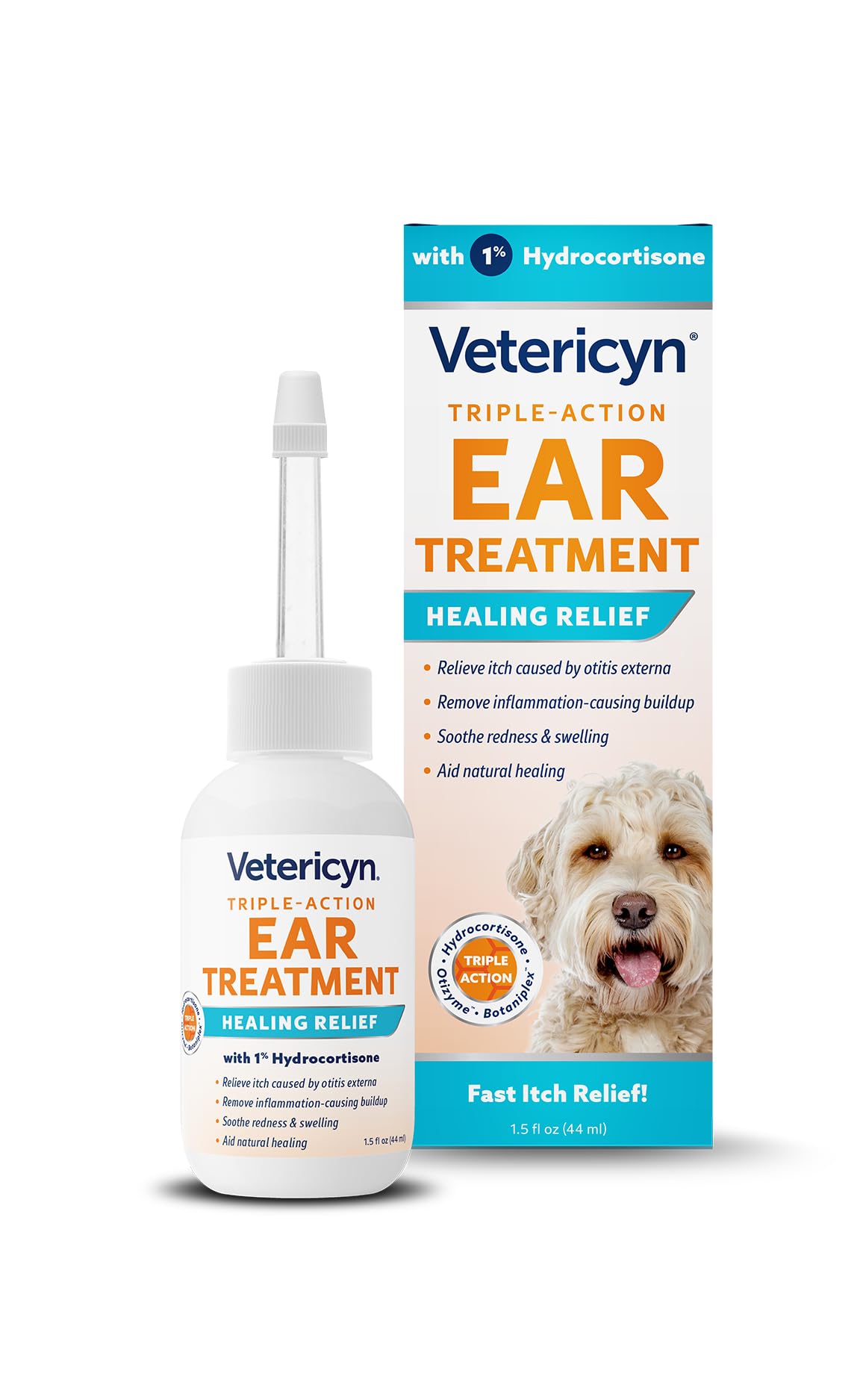 Vetericyn triple-action ear treatment bottle pour shows quick relief possibility for itchy ears