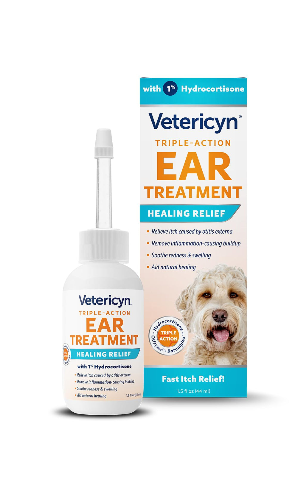 Vetericyn triple-action ear treatment bottle pour shows quick relief possibility for itchy ears