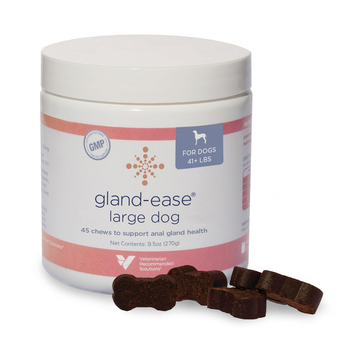 Packaging of Gland-Ease dog chews for large dogs, convenient daily use.