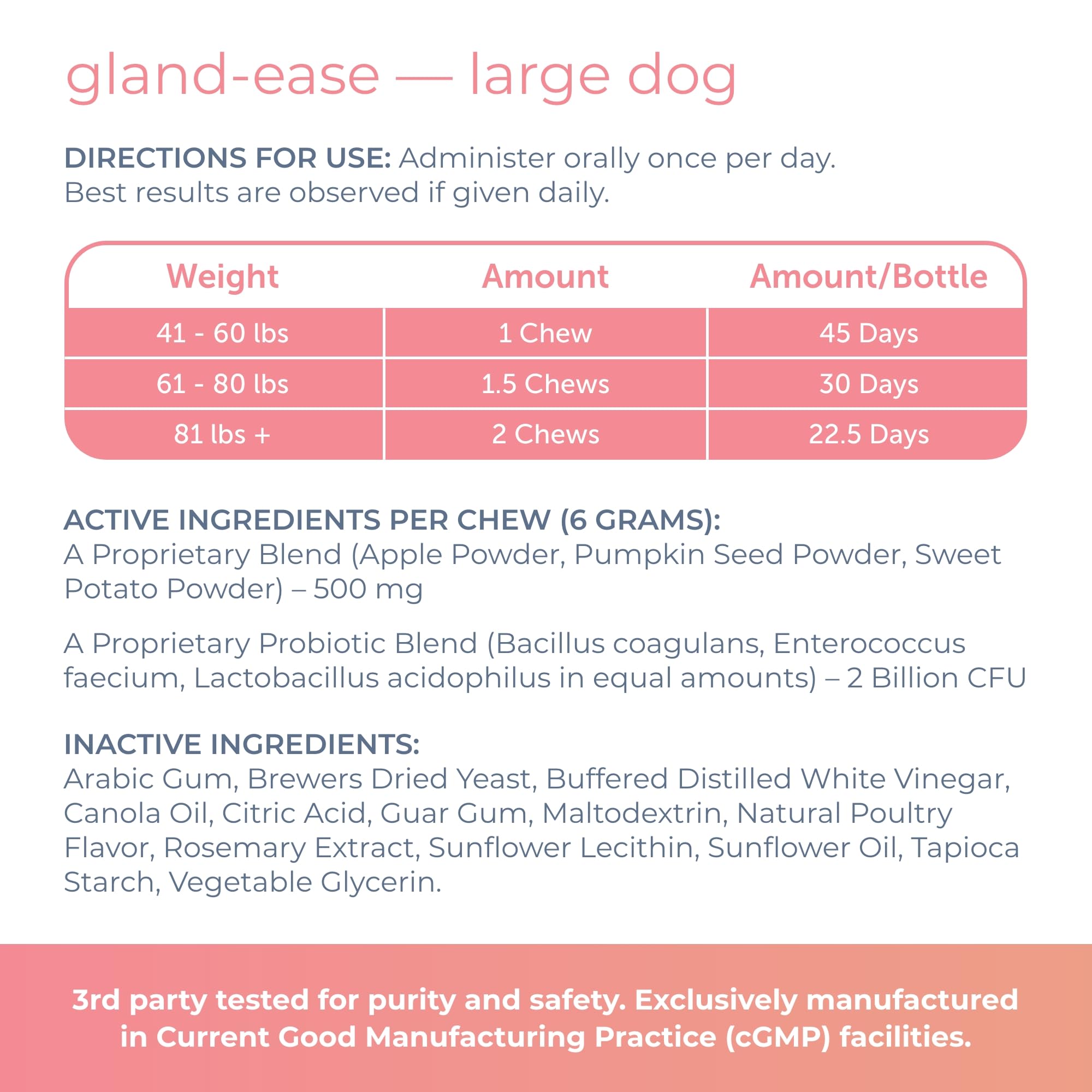 Gland-Ease ingredients include pumpkin, sweet potato, and apple fiber.