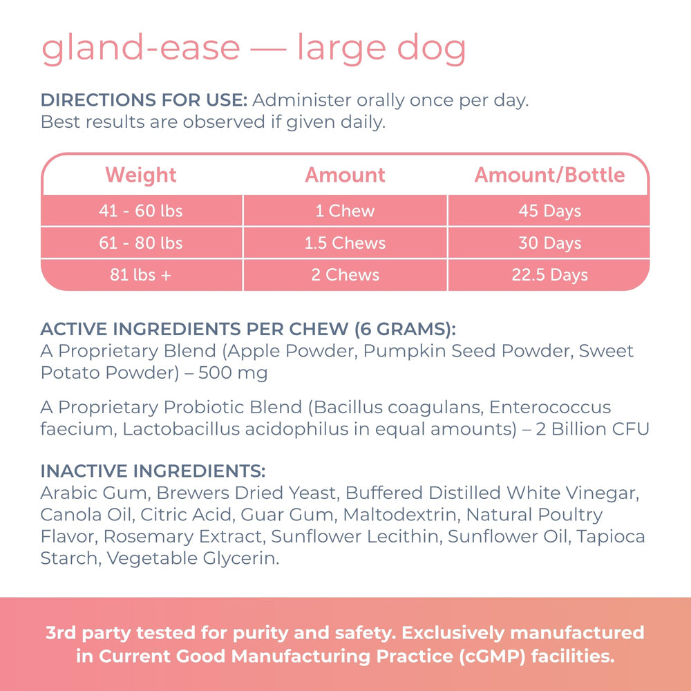 Gland-Ease ingredients include pumpkin, sweet potato, and apple fiber.