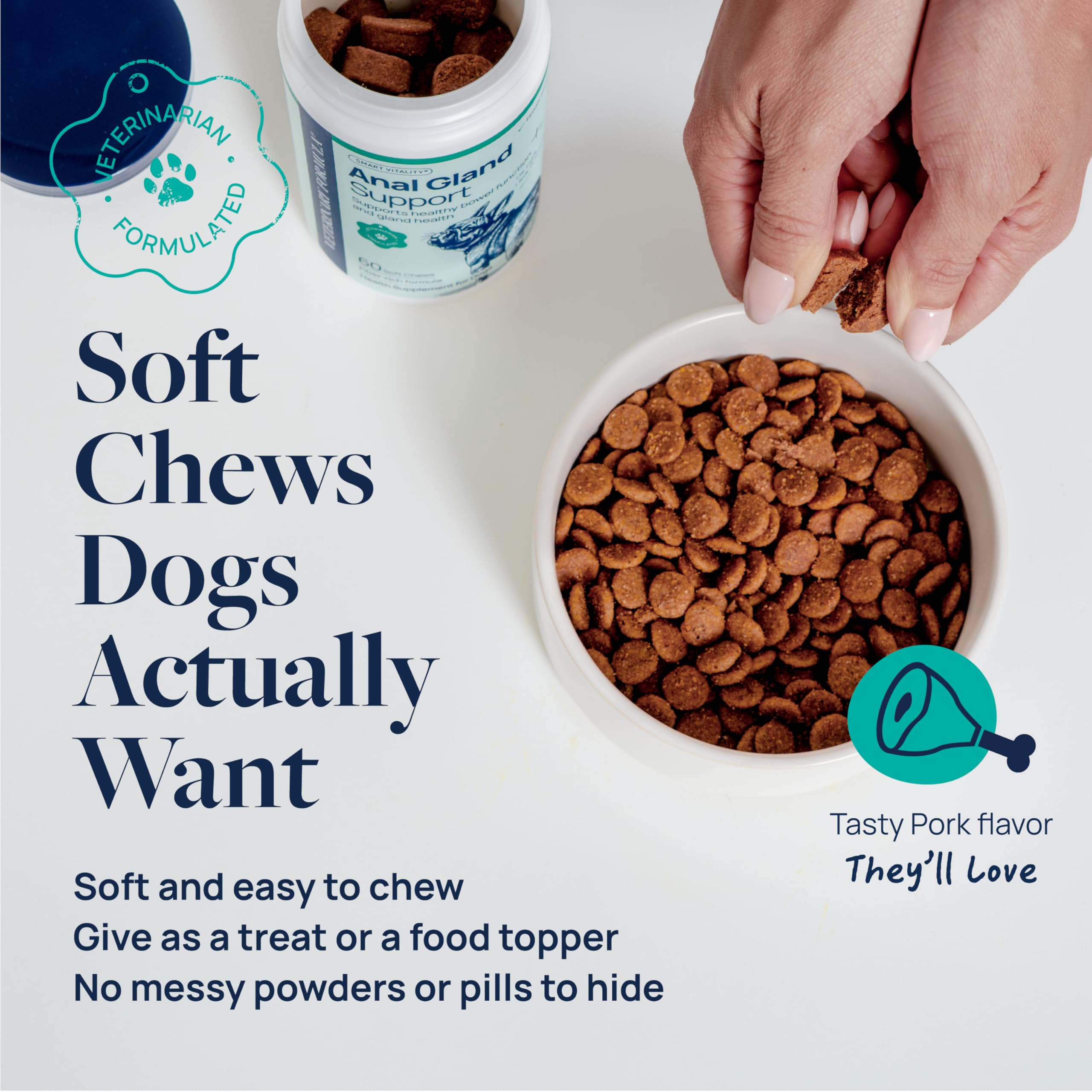 Dog enjoys Veterinary Formula Anal Gland Support chew during daily routine for digestive comfort.