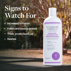 Veterinary Formula Clinical Care antiparasitic shampoo label highlights paraben-free cleansing benefits.