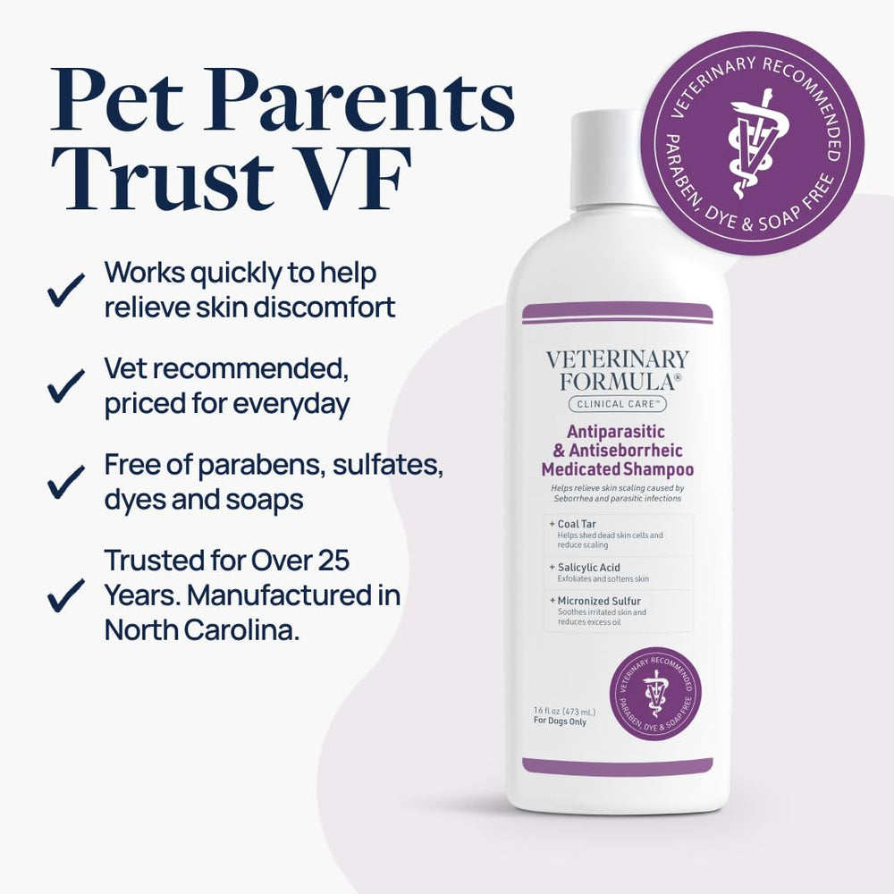 Veterinary Formula Clinical Care antiparasitic shampoo bottle and suds in a grooming routine.