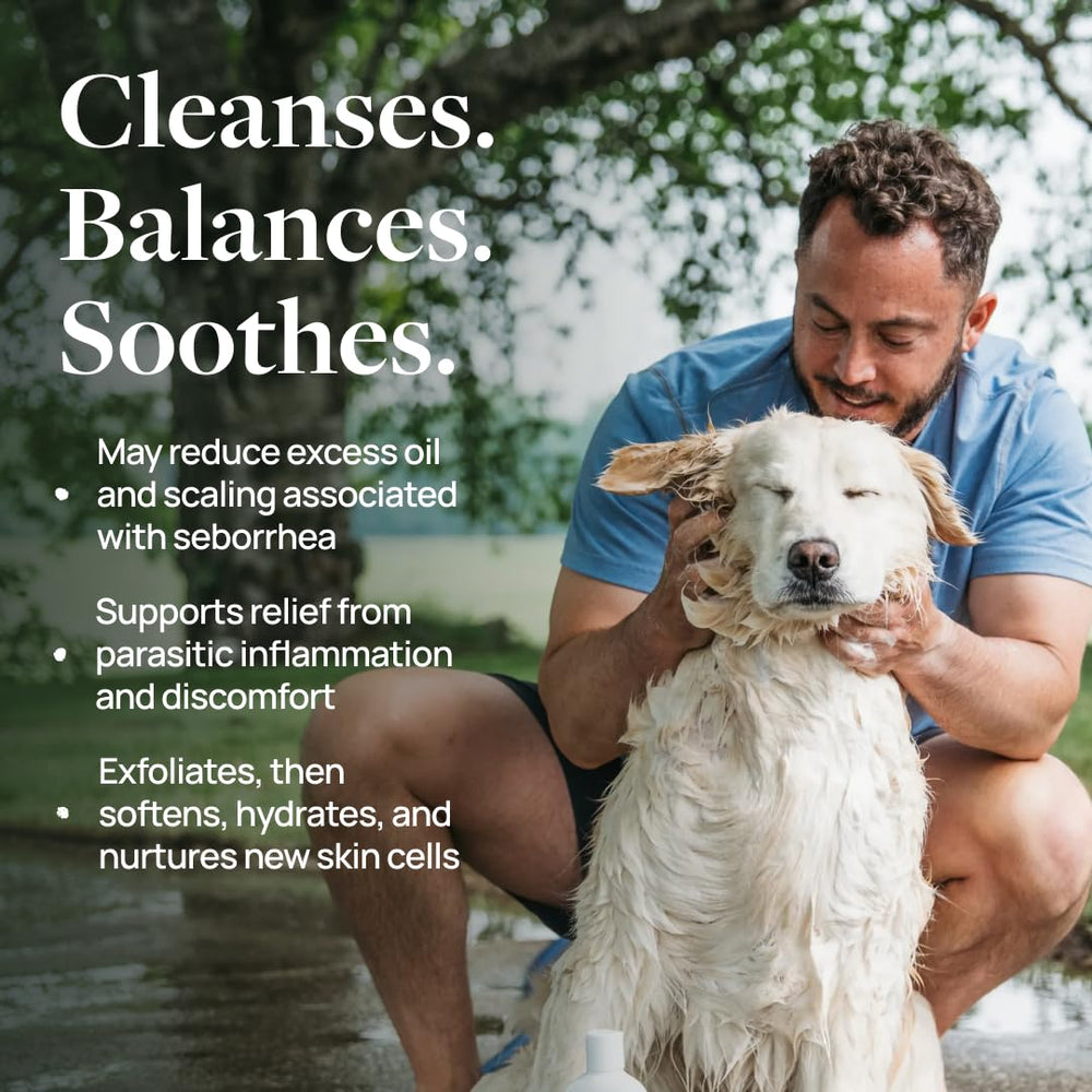 Veterinary Formula Clinical Care antiparasitic shampoo rich lather for gentle cleansing.