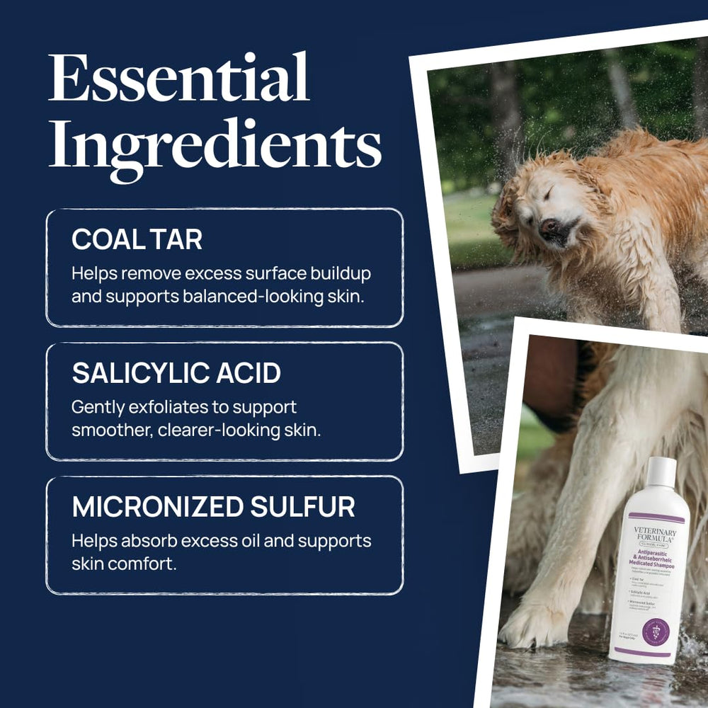 Veterinary Formula Clinical Care antiparasitic shampoo helps remove surface flakes and excess oil.