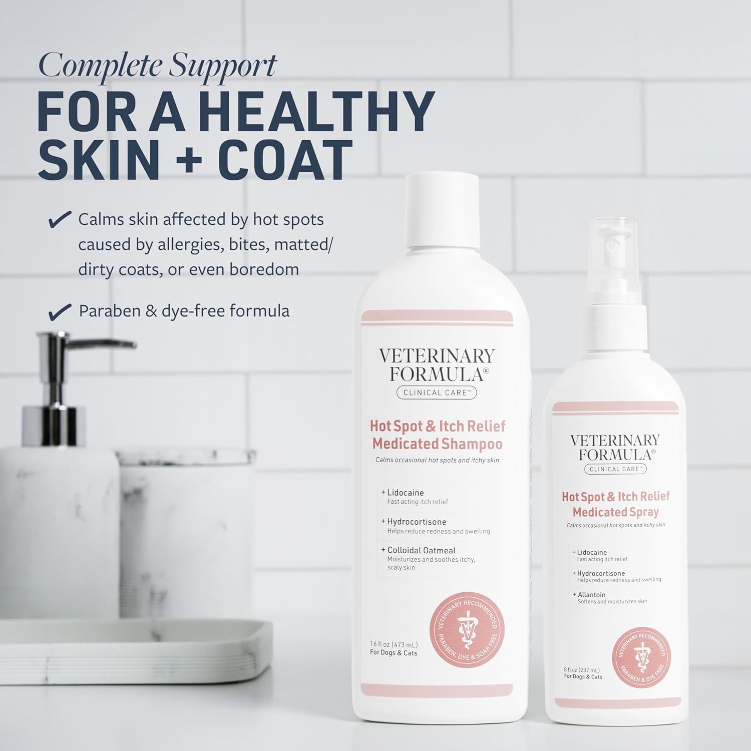 Veterinary Formula Clinical Care Shampoo lather with soothing oatmeal for irritated skin.