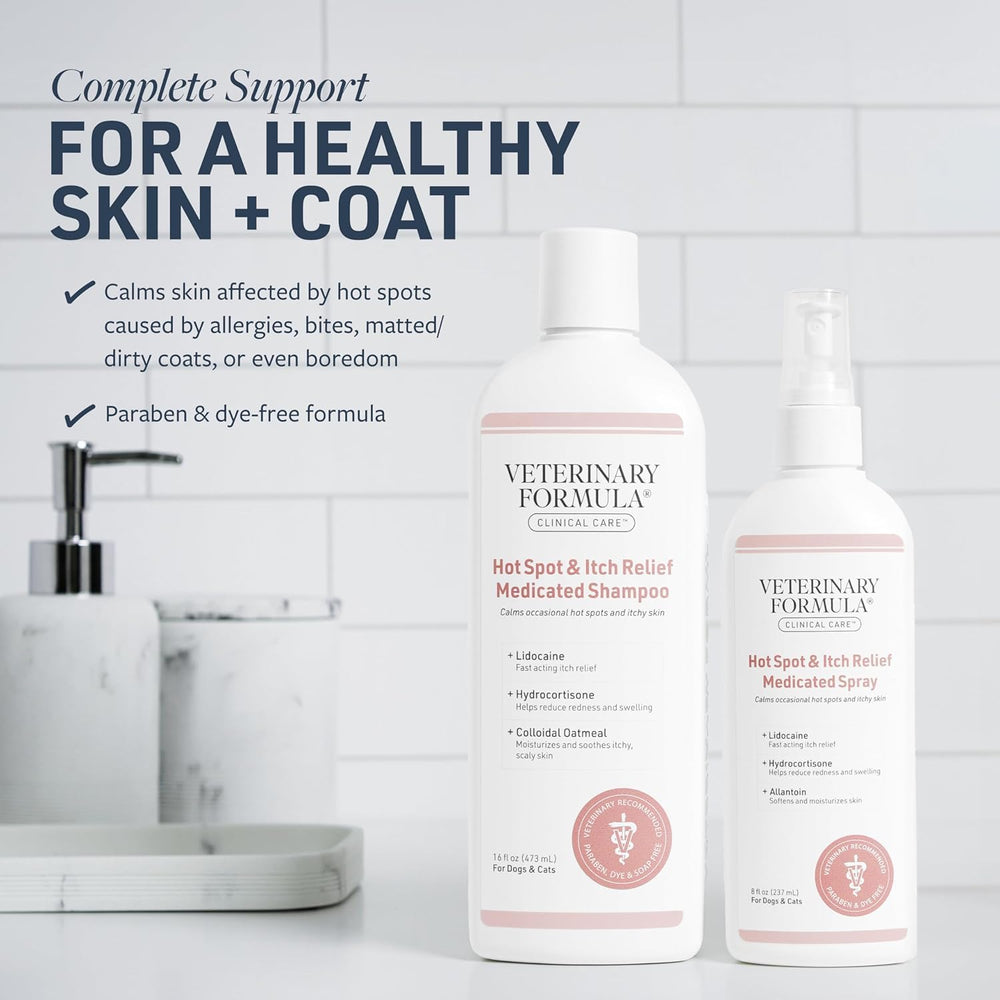 Veterinary Formula Clinical Care Shampoo lather with soothing oatmeal for irritated skin.